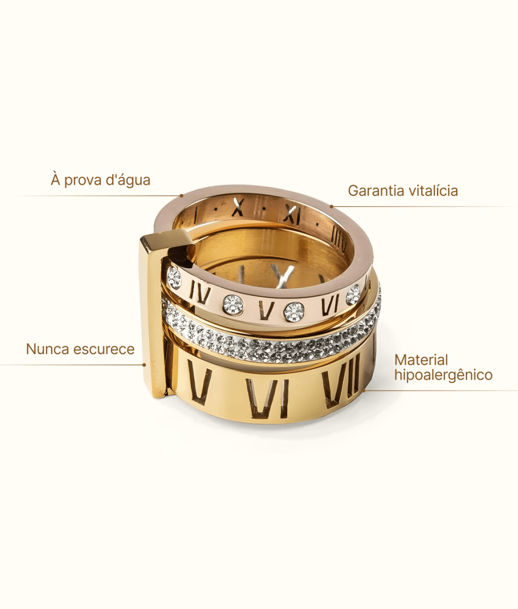 Anel Aro Triplo Algarismo Romano Banhado em Ouro 18K - Murano Joias