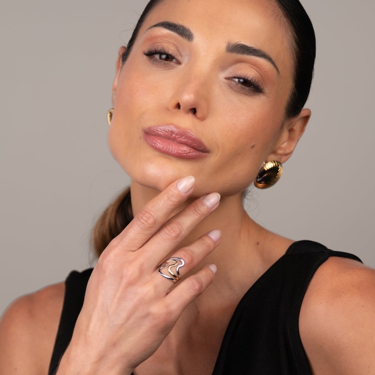 Anel Harmonia Dual Ajustável com Mix de Banhos Dourado e Prata - Murano Joias