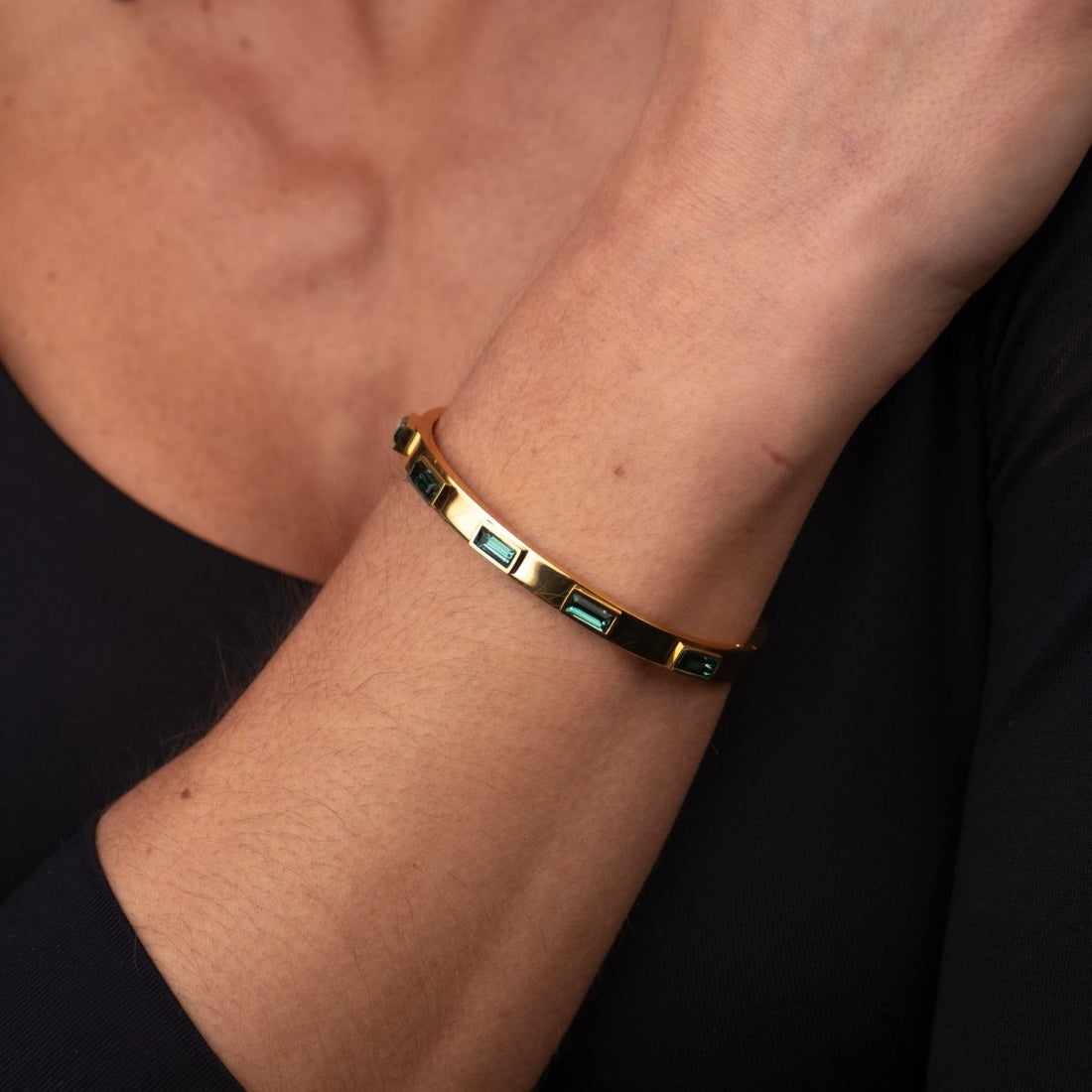 Bracelete Cristais Navete Verde Banhado em Ouro 18K - Murano Joias