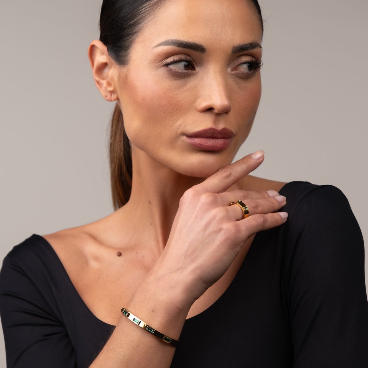 Bracelete Cristais Navete Verde Banhado em Ouro 18K - Murano Joias