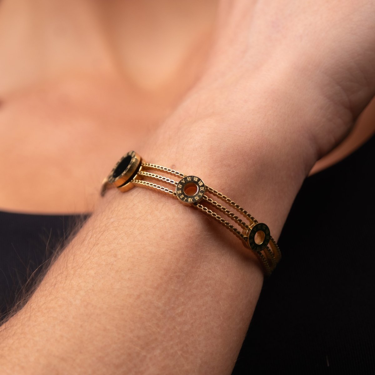 Bracelete Tríplice Ônix Banhado em Ouro 18k - Murano Joias