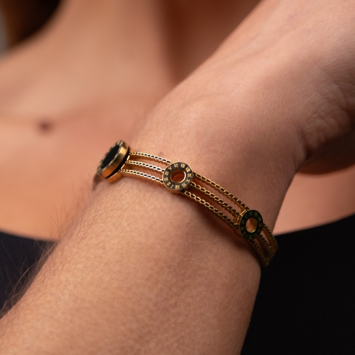 Bracelete Tríplice Ônix Banhado em Ouro 18k - Murano Joias