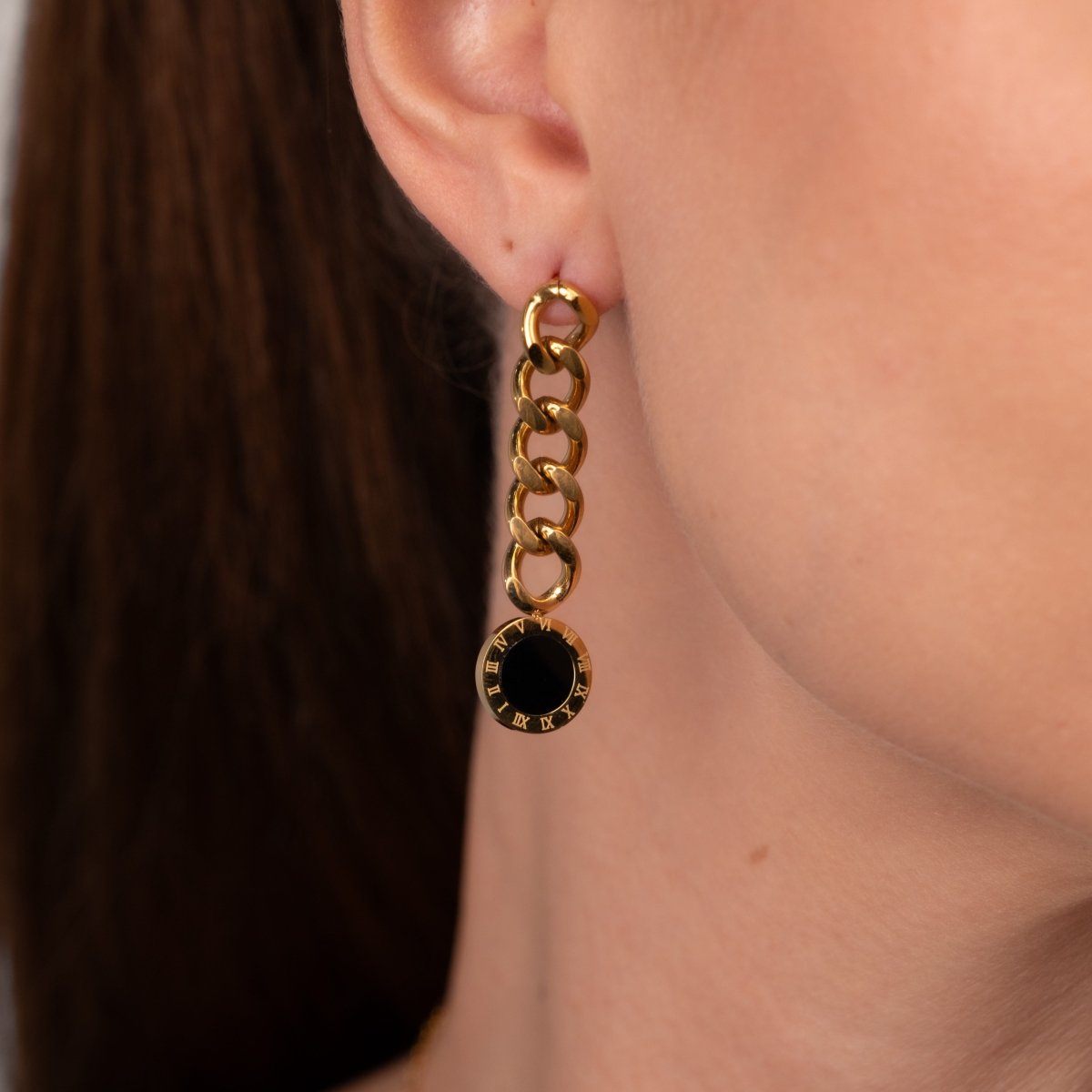 Brinco Corrente Glamour Pedra Onix Banhado em Ouro 18K - Murano Joias