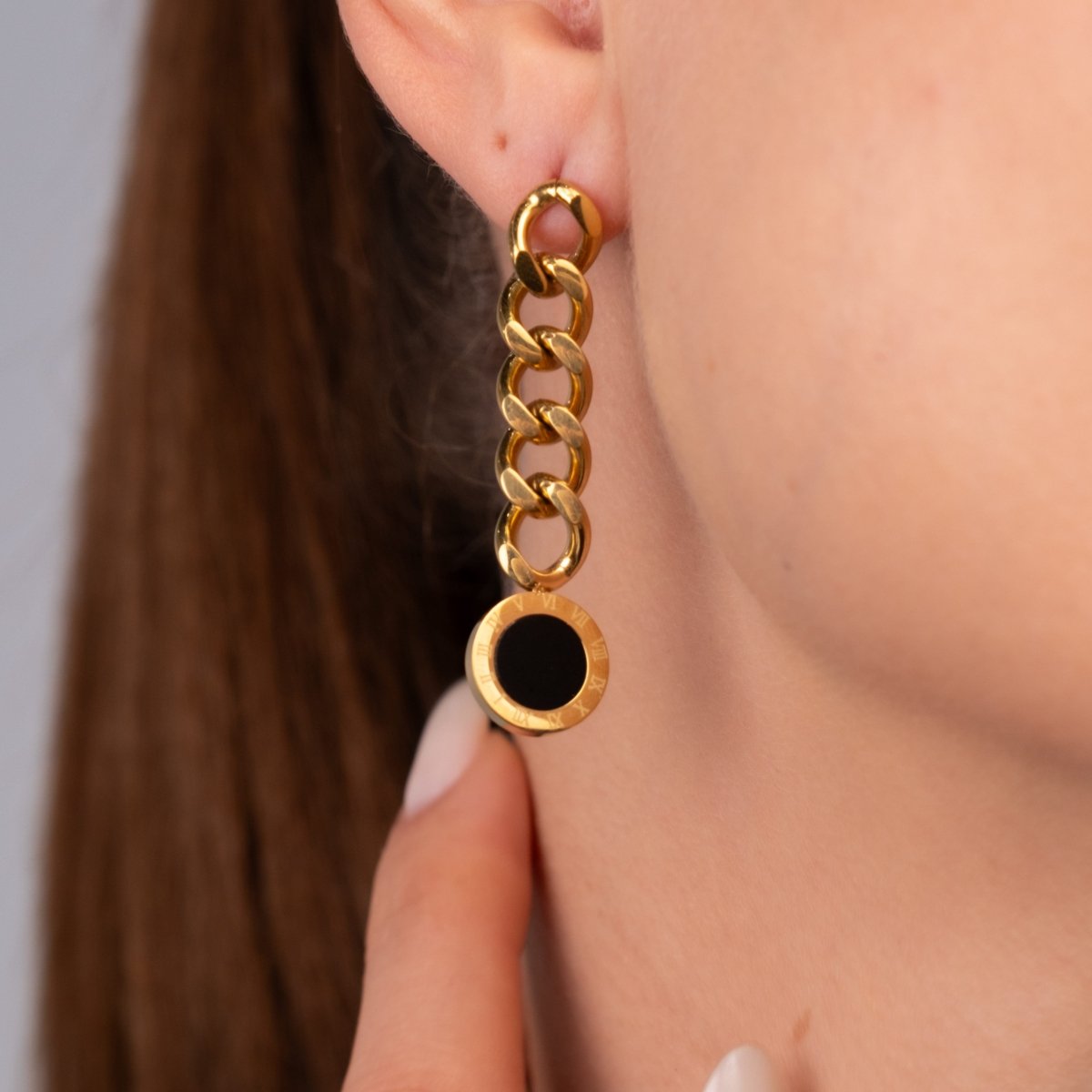Brinco Corrente Glamour Pedra Onix Banhado em Ouro 18K - Murano Joias