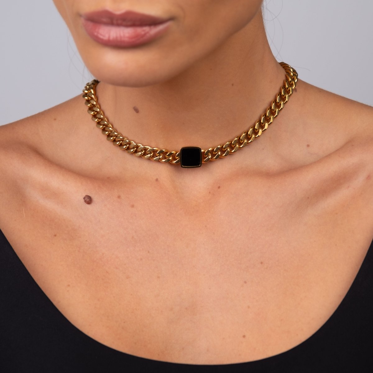 Colar Corrente Pedra Onix Quadrada Banhado em Ouro 18K - Murano Joias
