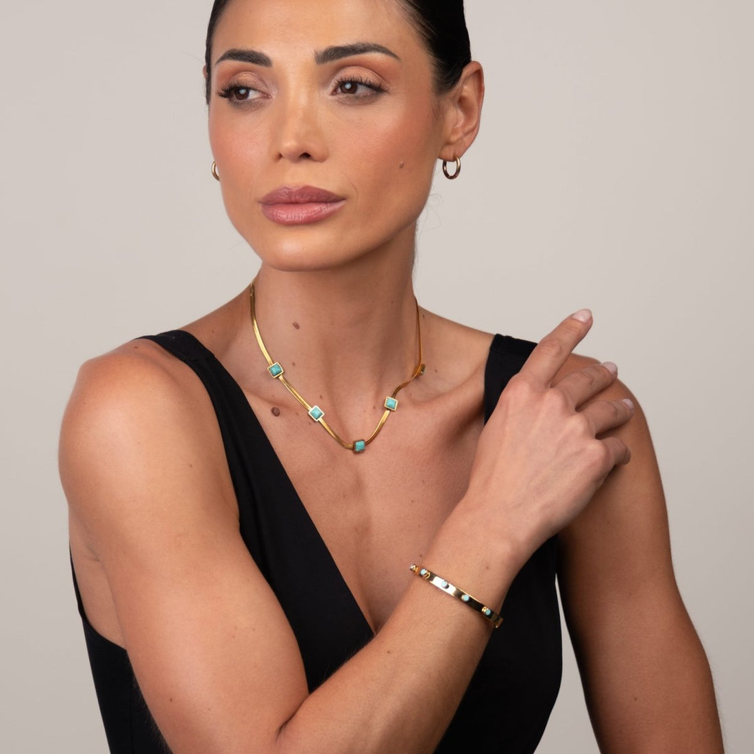Colar Malha Pedra Aqua Banhado em Ouro 18K - Murano Joias