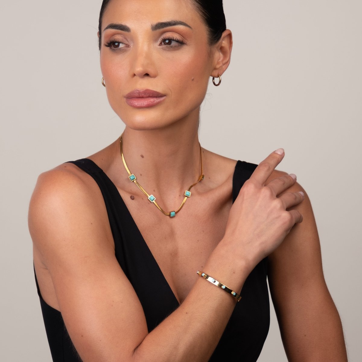 Colar Malha Pedra Aqua Banhado em Ouro 18K - Murano Joias