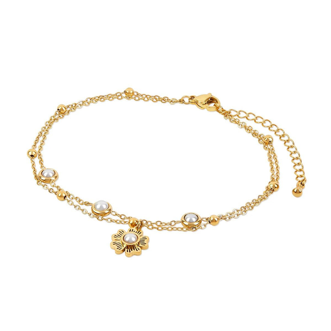 Tornozeleira Dupla Pérola Floral Banhada em Ouro 18K - Murano Joias