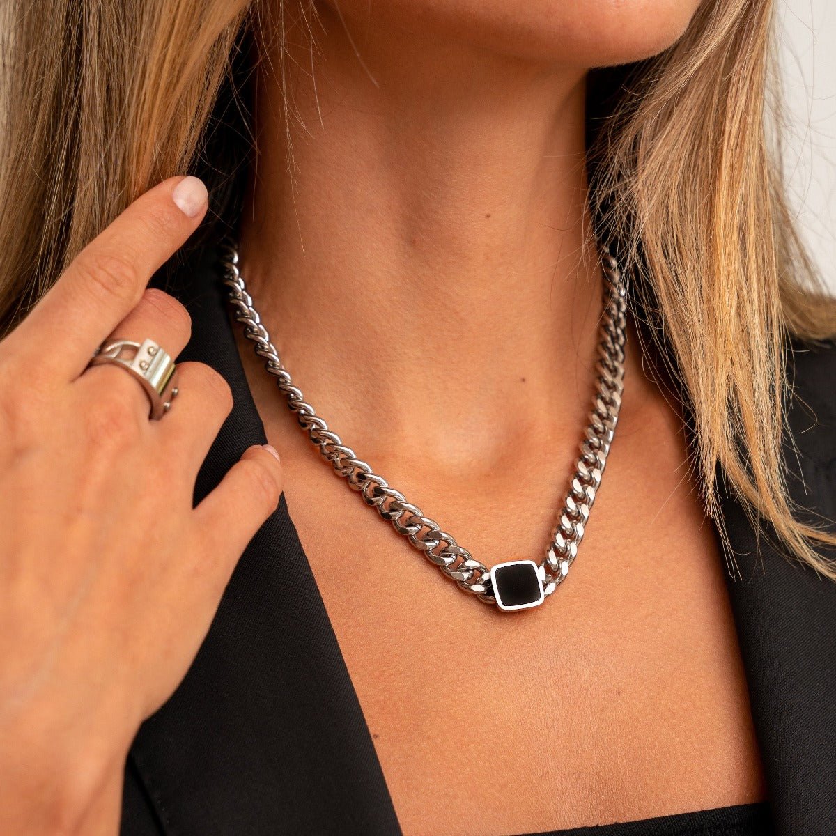 Colar Corrente Pedra Onix Quadrada Banhado em Ouro 18K - Prata - Murano Joias