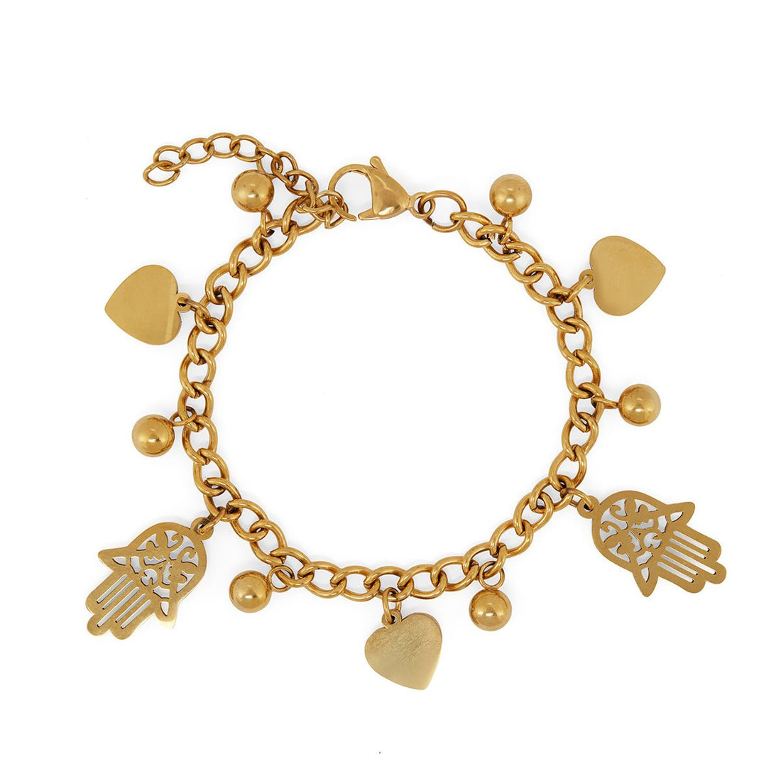 Pulseira Elos Pingente Coração e Hamsá Banhada em Ouro 18K - Murano Joias